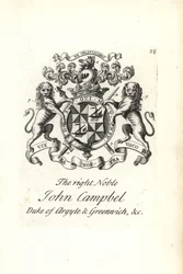 Escudo de armas y cresta del muy noble John Campbell, 2º Duque de Argyll y Greenwich