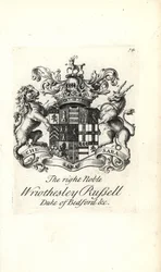 Escudo de armas y cresta del muy noble Wriothesley Russell, 3er Duque de Bedford