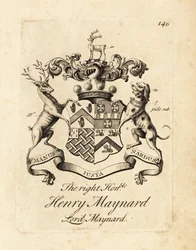Escudo de armas del Muy Honorable Henry Maynard, Lord Maynard, 4º Barón Maynard, fallecido en 1742