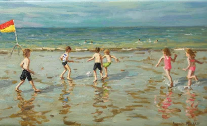 Fútbol playa, Sheringham, 2018 (óleo sobre lienzo)