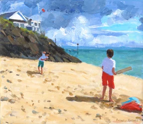 Jugando a los bolos y bateando, Abersoch, 2015