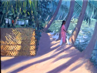 Alimentando a los patos, Kerala, India (óleo sobre lienzo)
