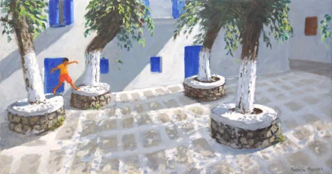 Cuatro árboles, ciudad de Mykonos, 2022 (óleo sobre lienzo)