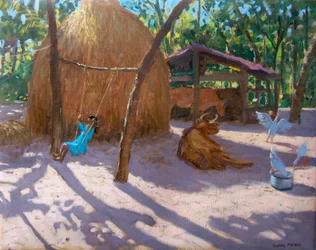 Pajar y niña en un columpio, Kerala (óleo sobre lienzo)