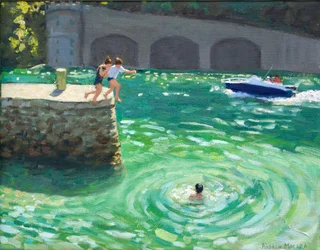 Saltando desde el muro del puerto, Looe, Cornualles (óleo sobre lienzo)