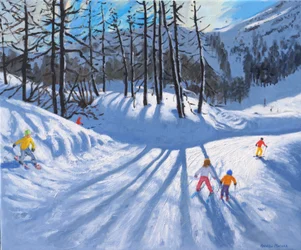Largas sombras de árboles y esquiadores, Tignes, 2016-2019