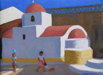 Jugando junto a la iglesia, Karpathos, Islas Griegas