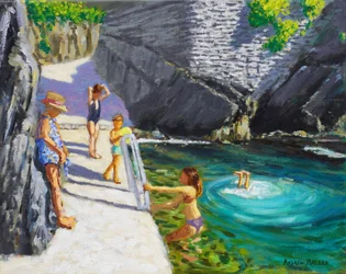 Nadando en la piscina del mar, Cinque Terre, Italia, 2024 (óleo sobre lienzo)