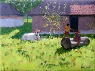 Vaca blanca y dos niños, Isla Mankotta, Kerala, India
