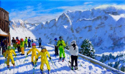 Jóvenes esquiadores en amarillo, Val Gardena, Italia. 12x20