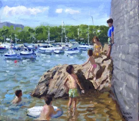 Escalando rocas, puerto de Tenby, 2016