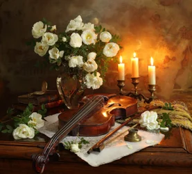 Rosas a la luz de las velas y violín