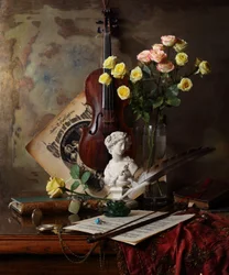 Violín clásico y rosas