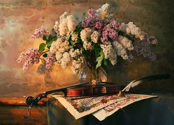 Naturaleza muerta con lilas y violín
