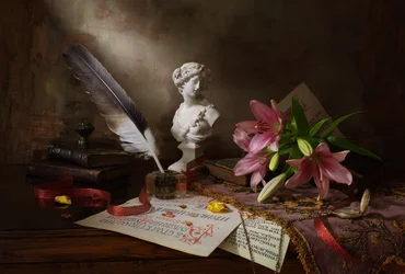 Pluma y lirios rosas