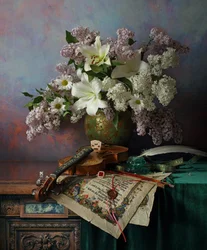Naturaleza muerta con violín y flores