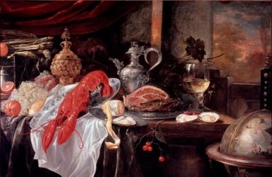 Naturaleza muerta con langosta, jamón, cubiertos. Pintura de Andrea Benedetti (1620-?) Faenza, Pinacoteca Comunale