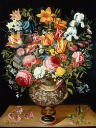 Rosas, tulipanes, narcisos, lirios y otras flores en una urna esculpida y una mariquita en una cornisa (óleo sobre lienzo)