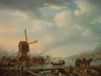 Un extenso paisaje invernal con figuras patinando