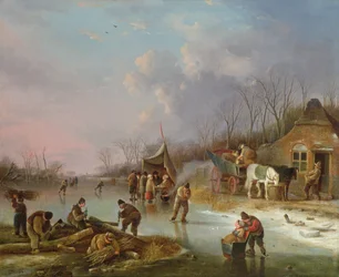 Campesinos holandeses en un río congelado
