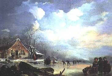 Paisaje invernal con cabaña y figuras