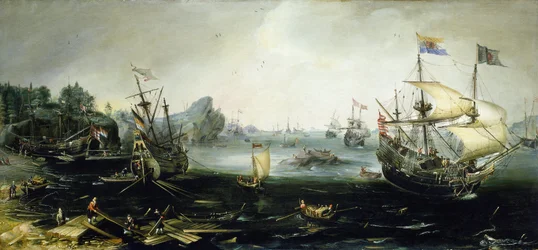 Barcos holandeses cargando madera en un fiordo escandinavo. Óleo de Andries van Eertvelt (1590-1652).