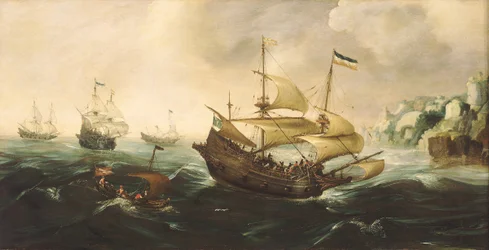 Barcos holandeses bajando a una costa rocosa