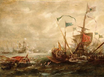 Enfrentamiento español con piratas berberiscos, principios o mediados del siglo XVII (pintura al óleo)