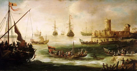 El regreso de una expedición española, Óleo sobre madera, de Andries van Eertvelt (1590-1652).
