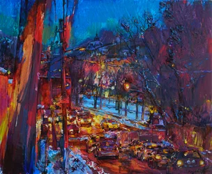 Tráfico nocturno en una ciudad llena de color