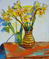 Naturaleza muerta con narcisos de colores vivos