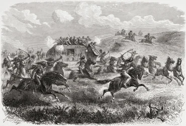 Indios atacando una diligencia transcontinental en 1867, ilustración de 