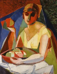 Mujer con una bandeja de fruta
