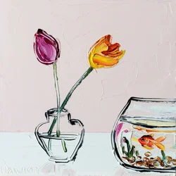 Tulipanes de colores vivos y peces de colores