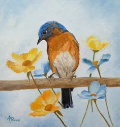 Un pájaro azul entre las flores