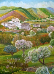 Pueblo primaveral y colorido