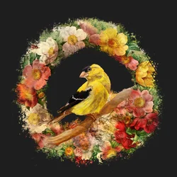 Corona floral con jilgueros