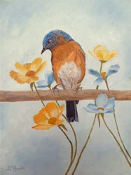 Pájaro azul de primavera y flores