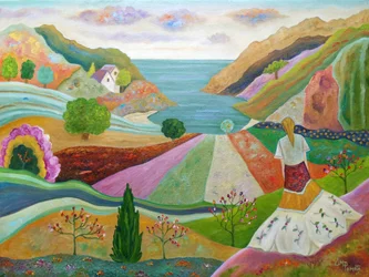 Mujer en un paisaje colorido