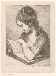 mujer joven, lectura, en, un, mesa, descansar, ella, codo, en, un, libro