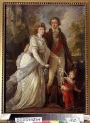 ""Retrato de familia"" Una familia de la nobleza suiza, el niño es sostenido por su madre con cintas. Pintura de Angelika Kauffmann (Angélica Kauffmann