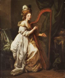 Retrato de Elizabeth Ewer, a cuerpo entero, sentada en un vestido blanco con un chal amarillo, tocando un arpa, en un interior, c.1768-73