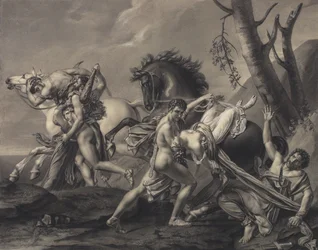 Teseo y Pirítoo limpian la tierra de bandidos y liberan a dos mujeres de las manos de sus raptores