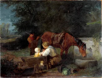 Una granjera con su hijo, un chico de la granja y un caballo