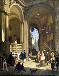 Milán, Piazza Mercanti, pintura de Angelo Inganni, circa 1825