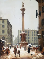 La columna del Redentor en el Verziere (mercado de ultramarinos) vista desde la antigua calle de San Bernardino en Milán