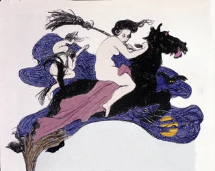 Brujas moviéndose en el aire. Ilustración de Angelo Jank (1868-1940) para Jugend