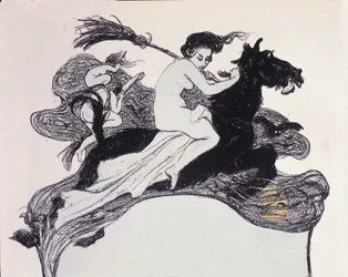 Brujas moviéndose en el aire. Ilustración de Angelo Jank (1868-1940) para Jugend