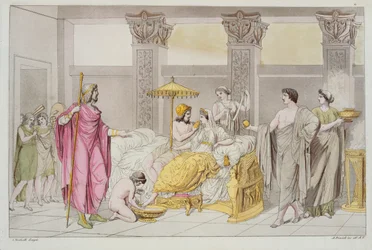 La boda de Ulises y Penélope, ilustración de Le Costume Ancien ou Moderne por Jules Ferrario, grabado por A. Biasoli, Milán 1821