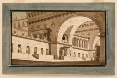 Diseño de escenario, exterior del palacio, sala sepulcral